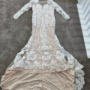 Romantic Lace-Overlay Long Sleeve Wedding Dress in White over Nude